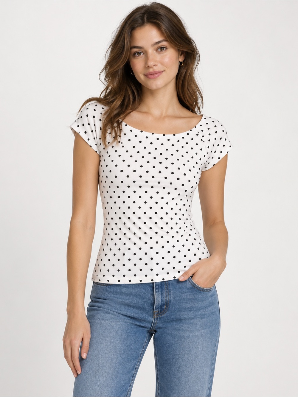 Lauren Ralph Lauren White Polka Dot Scoop Neck Short Sleeve Top